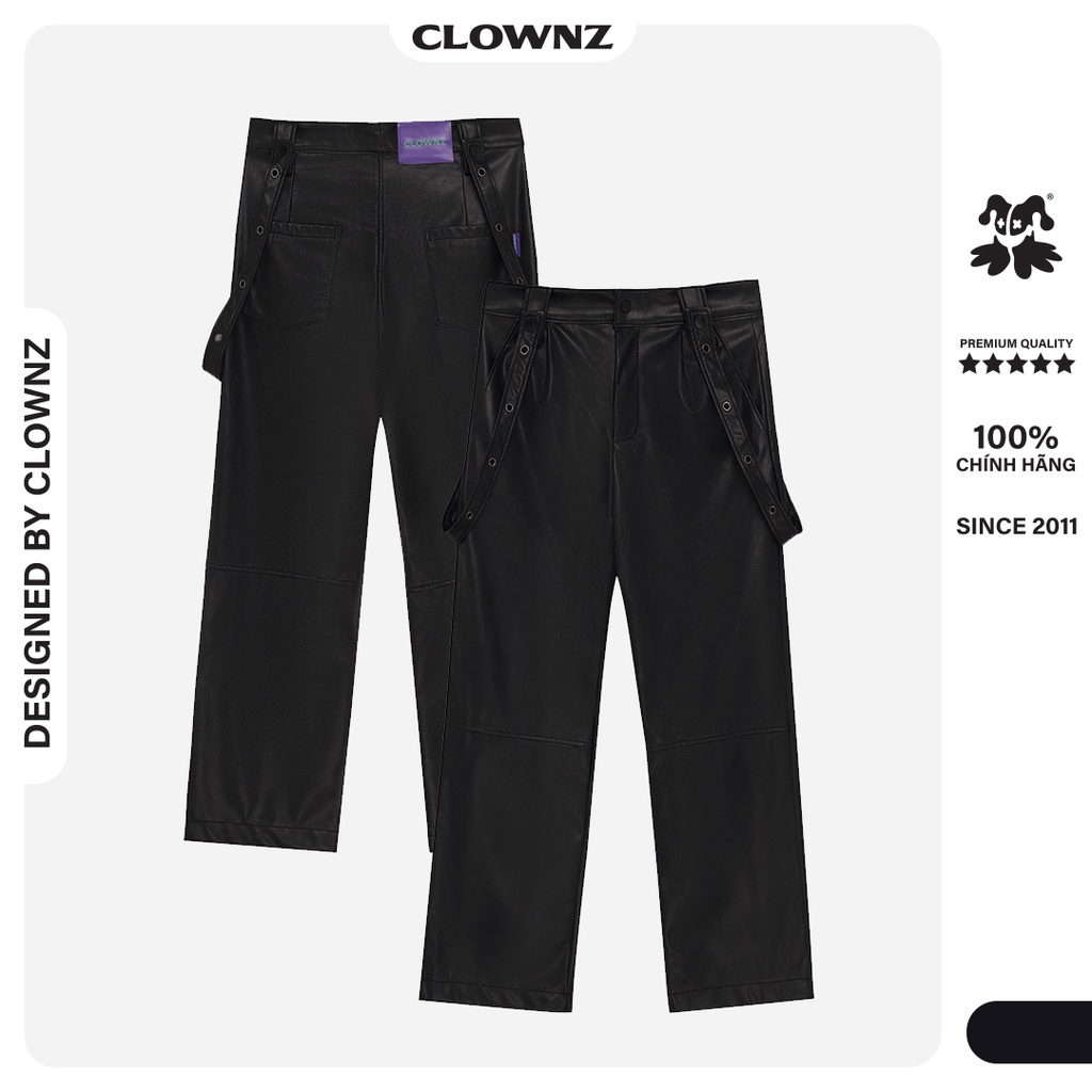 Quần da dài ống suông local brand ClownZ Black Leather, da tổng hợp unisex nam nữ form rộng
