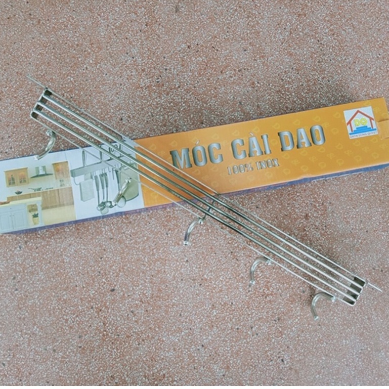 Giá treo dao thớt, móc cài dao treo thớt, gắn tường Inox dài 40cm có 5 móc và 3 hàng cài dao