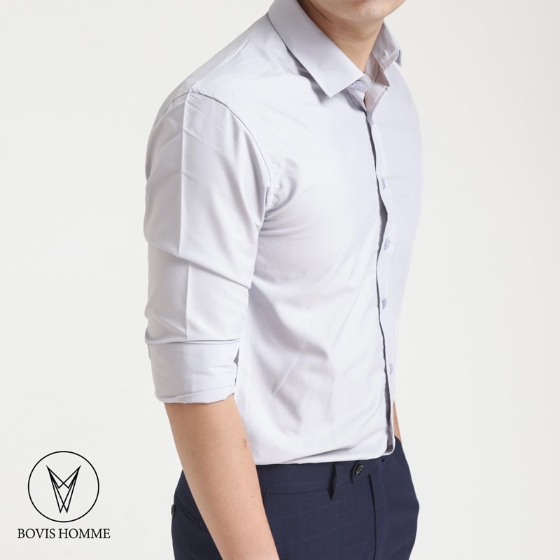 Áo sơ mi nam Bovis Homme tay dài SD009, màu xám nhạt, Form slim, chất liệu modal, mặt vải mềm mượt, thoáng mát
