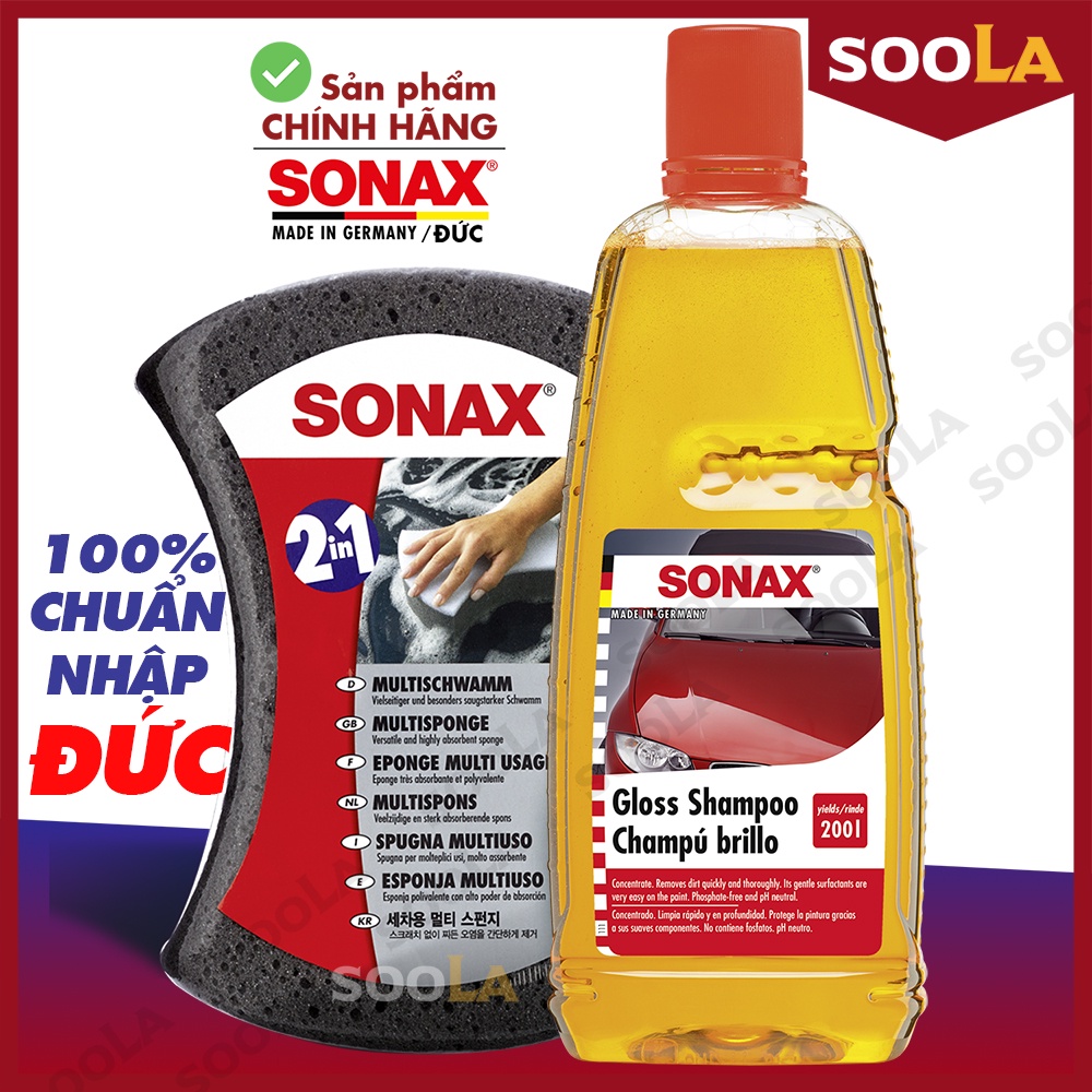 Bộ Nước rửa xe Sonax và Mút hạn chế xước rửa xe 2 mặt Sonax Gloss Shampoo Chính hãng 314300 428000