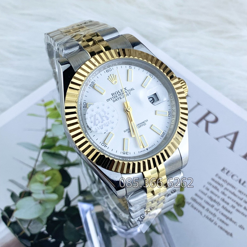 Đồng hồ nam Rolex cơ Automatic máy nhật mẫu classic trắng viền vàng dây demi cọc số dạ quang size 39-40mm