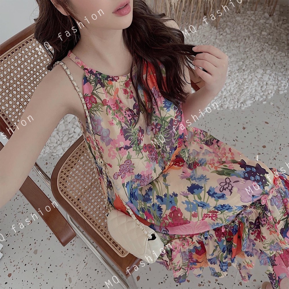 Váy thiết kế cổ yếm dáng dài họa tiết hoa nhí MQ CLOTHING đầm dáng suông đuôi cá bèo tầng