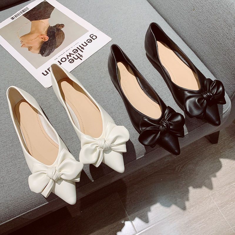 Giày Búp Bê Da Mềm Mũi Nhọn Đính Nơ Thời Trang Mùa Hè 2022 Cho Nữ