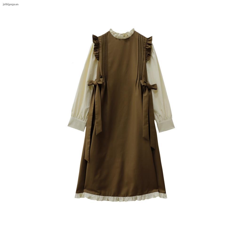 Đầm Giả Hai Mảnh Tay Dài Màu Nâu Phong Cách Hàn Quốc Thời Trang Xuân Thu Mới Cho Nữ