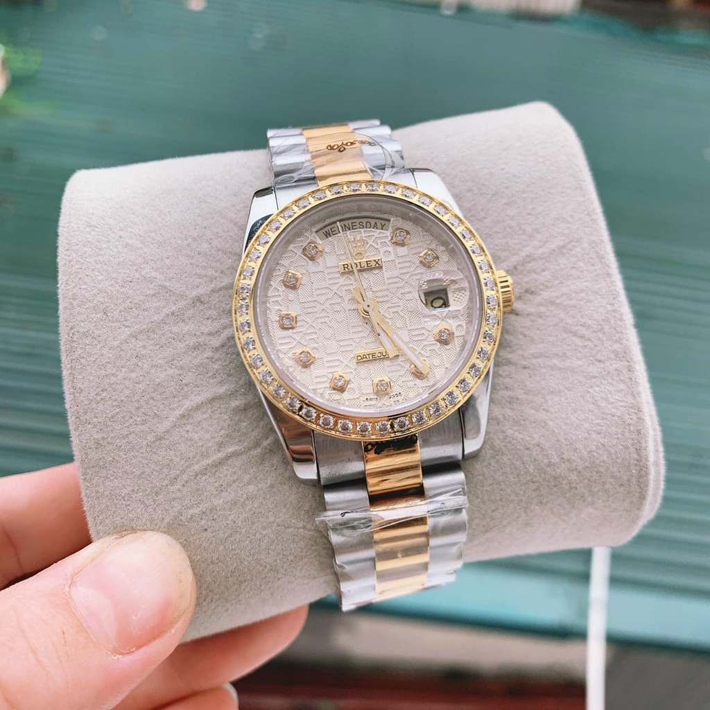 Đồng hồ Nam Rolex day date máy nhật vành đá măt vàng vi tính dòng cơ Automatic mặt size 38mm