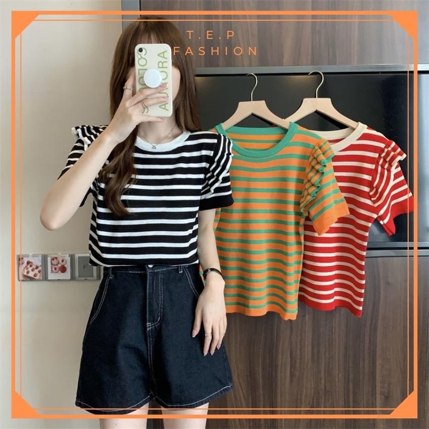 👉 BÁN SỈ 👈 Áo Thun Kiểu - Kho Sỉ Tuyến Hiền - Áo Nữ Dệt Kim Kiểu Kẻ Tay Bèo ATK124