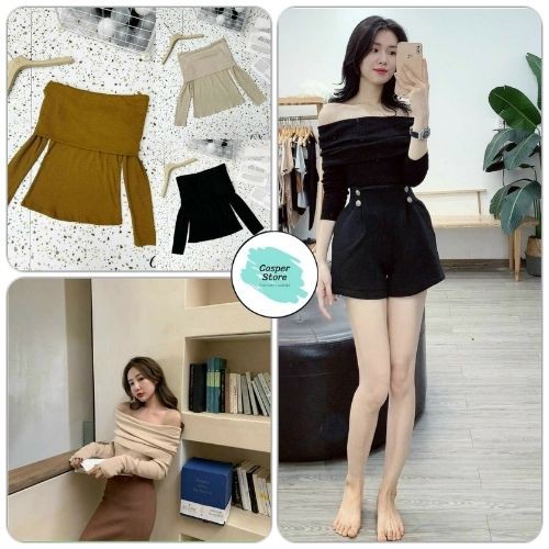 Áo Nữ Trễ Vai Gấp ⚡ Casper.Store | FREESHIP | ⚡ Áo hở vai dài tay body nữ 3 màu trơn basic ĐEN | BE | VÀNG
