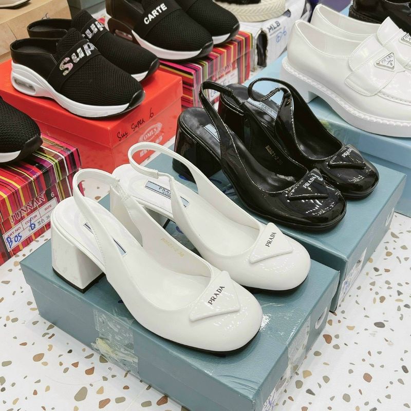 (ẢNH THẬT) Giày Sandal 7p Prada Mũi Tròn Da Bóng Mềm Êm Fullbox Bill Túi Cao Cấp