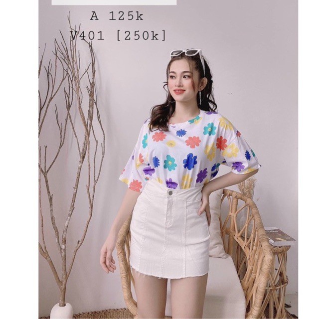 áo thun nữ form rộng &lt;65kg unisex in hoa nhí