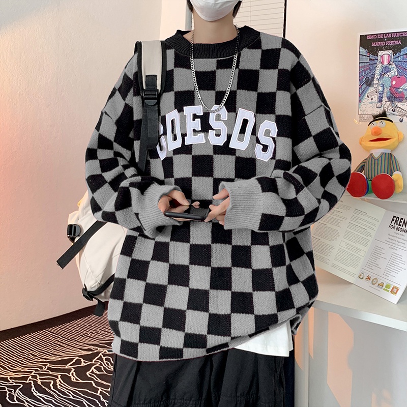 Áo sweater dệt kim dáng rộng in họa tiết bàn cờ thời trang đường phố Mỹ cổ điển giản dị cho nam