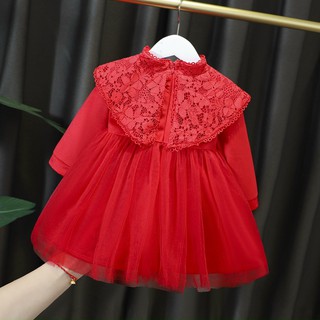Váy đỏ cổ tàu phủ ren bé gái