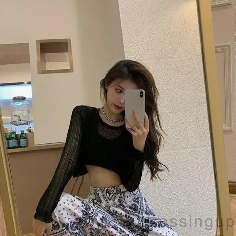 DRE-Women Summer Tops, Solid Color Long Sleeve Round Neck Cutout Sheer Knitted Tops