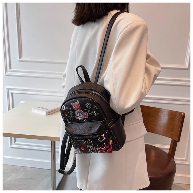 Balo nữ mini đi học đi chơi da pu in hình gấu dễ thương phong cách thời trang hàn quốc