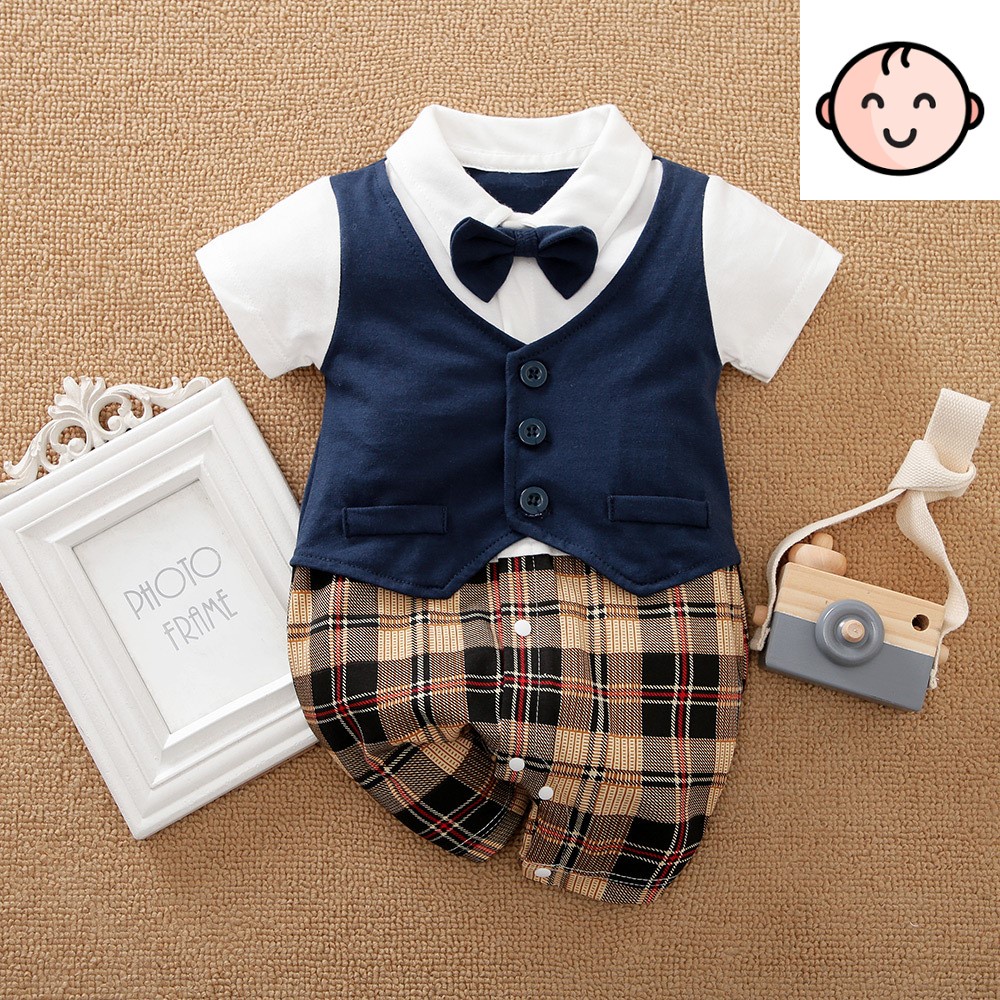 Bộ đồ Vest cho bé trai, Áo ghile tay ngắn, quần sọc cho bé sơ sinh đến 18 Tháng (3-12kg)