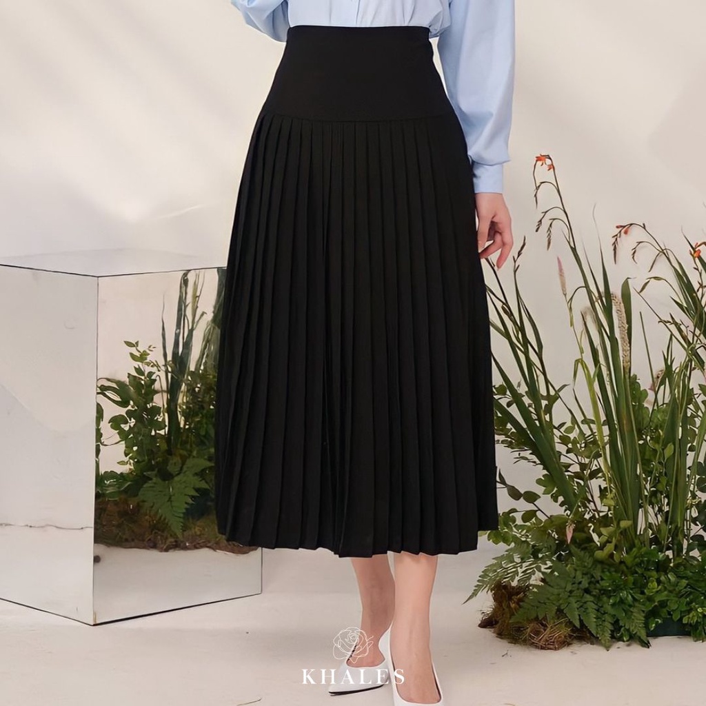 Chân váy xếp ly midi KHALES vải tuyết mưa loại xếp nhỏ 3 màu xám, nâu và đen