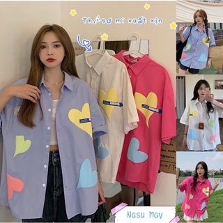 ÁO SƠ MI Trái TIM 3 MÀU 🦋 Sơ Mi Cộc Tay Form Rộng Trắng Xanh Hồng 🦋 hotrend