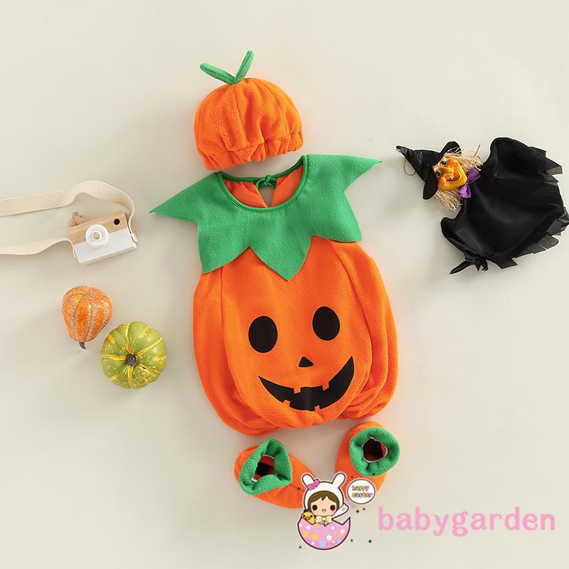 Set Áo Liền Quần + Mũ + Giày Hình Bí Ngô Dễ Thương Cho Bé
