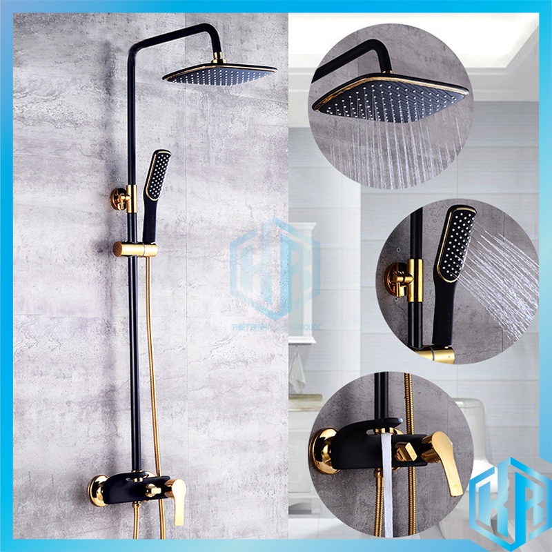 Bộ  sen cây tắm đứng nóng lạnh bằng đồng sơn tĩnh điện màu Đen Vàng cao cấp