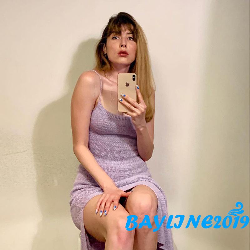 BAY-Women Close-fitting Solid Color One-piece, Spaghetti Strap Sleeveless Slit Dress, S/ M/ L