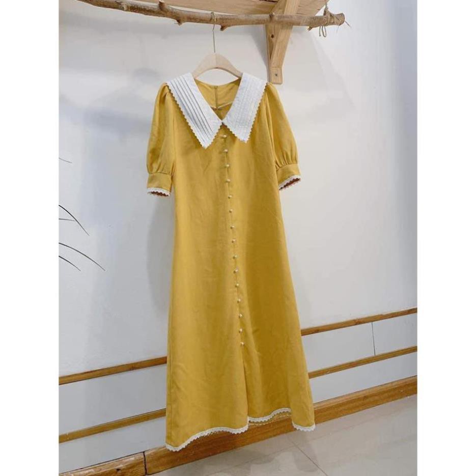 Váy Bầu Thiết Kế 💖 Váy Bầu Công Sở Tay Ngắn, Cổ Bèo. Kiểu Dáng Hàn Quốc💖Màu Vàng Thanh Lịch