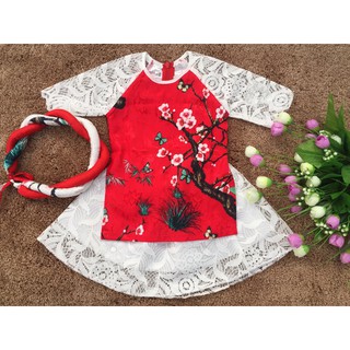 Set Váy áo dài cách tân gồm: áo + váy+mấn vải ren,gấm cho bé gái (8-30kg)
