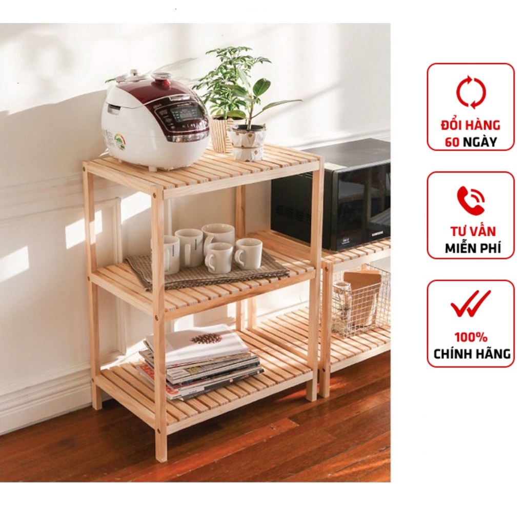 Kệ lò vi sóng bếp đa năng đựng đồ để đồ xoong nồi chất liệu gỗ thông cao cấp kiểu dáng hàn quốc vintage decor phòng bếp