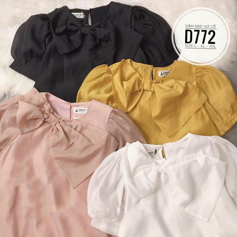 Đầm babydoll big size nơ cổ vải tơ ánh kim từ 60kg-90kg