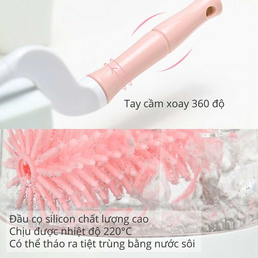 Cọ Rửa Bình Sữa 💖𝑭𝑹𝑬𝑬𝑺𝑯𝑰𝑷 💖 Cọ Bình Silicon Cao Cấp 2 Chi Tiết [Tay Cầm Xoay 360 Độ]