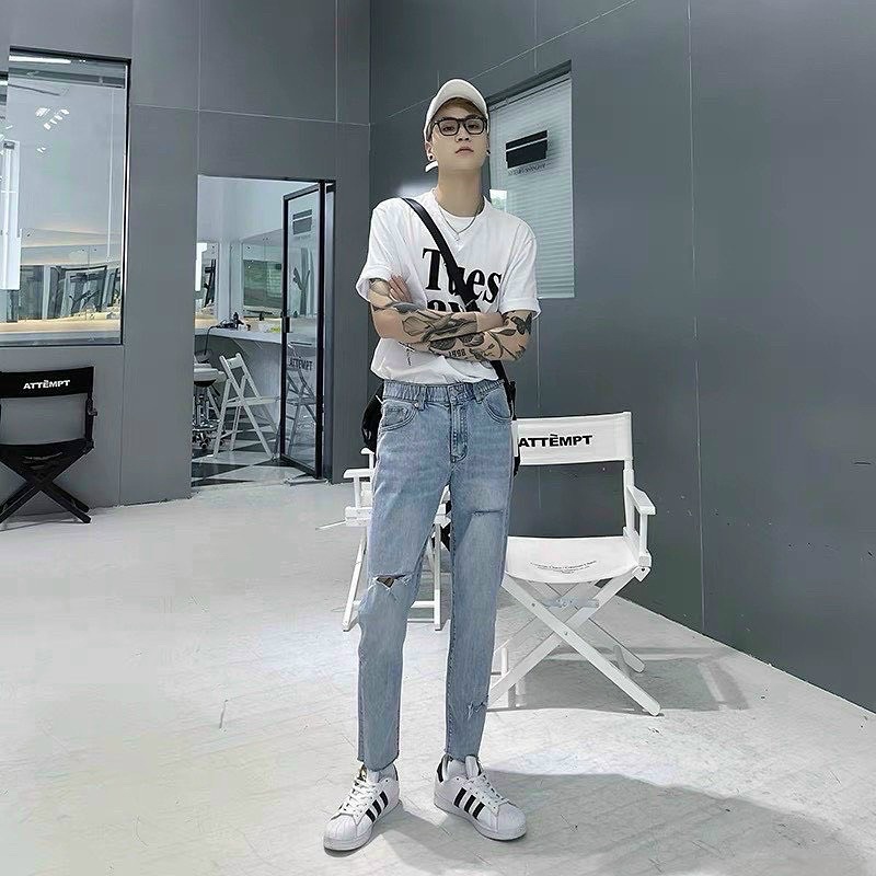 Quần jean nam xanh rách gối co dãn 4 chiều