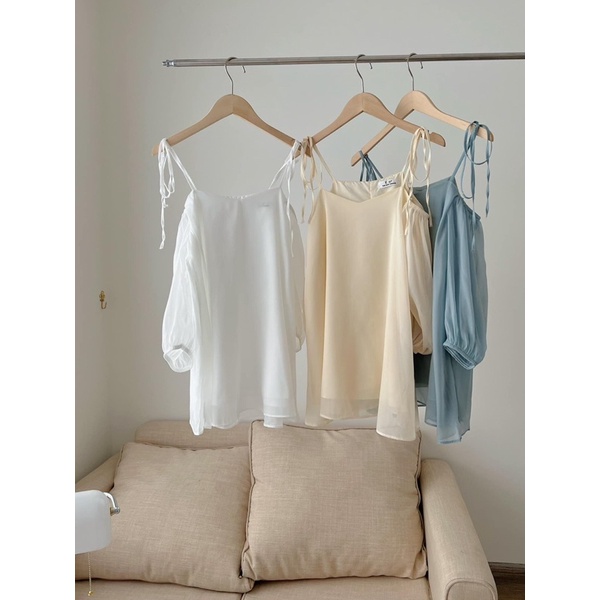 Áo trễ vai buộc dây vai tay bồng voan tơ mặc 2 kiểu