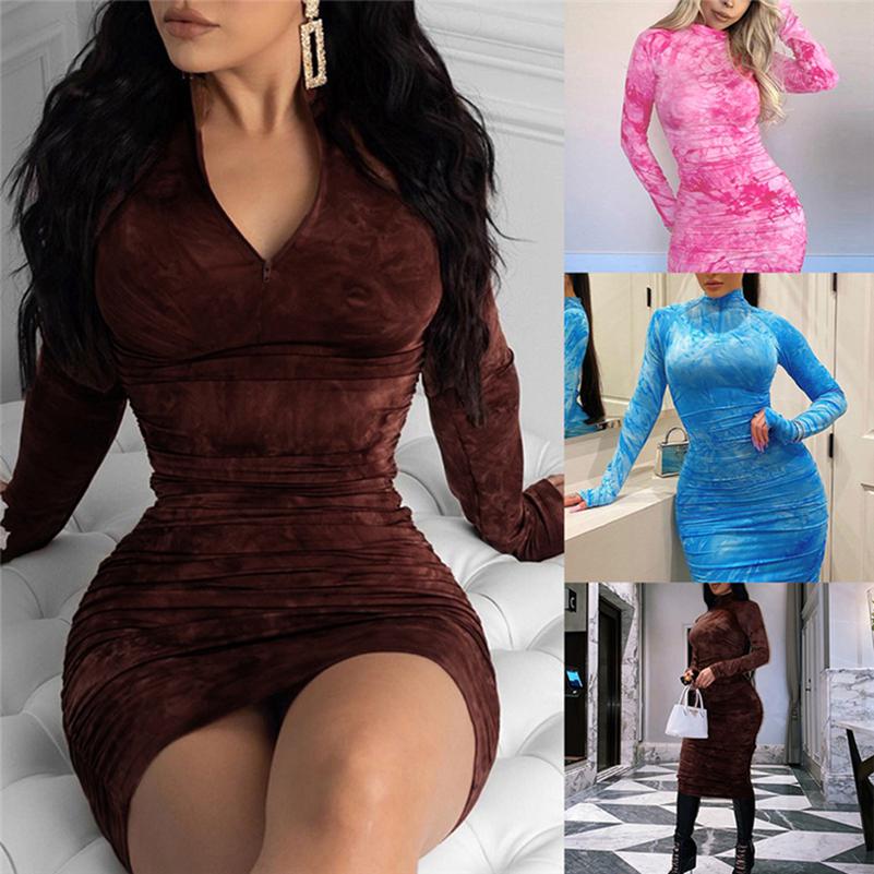 Women Midi Dress Fashion Long Sleeve Party Dresses Tie Dye Print Skinny Ruched Clubwear Slim Dress