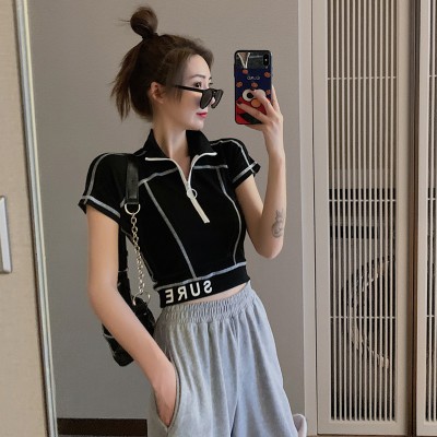 NRVP Áo cổ polo ngắn tay phối khóa kéo xinh xắn theo phong cách Hong Kong dành cho nữ 2020