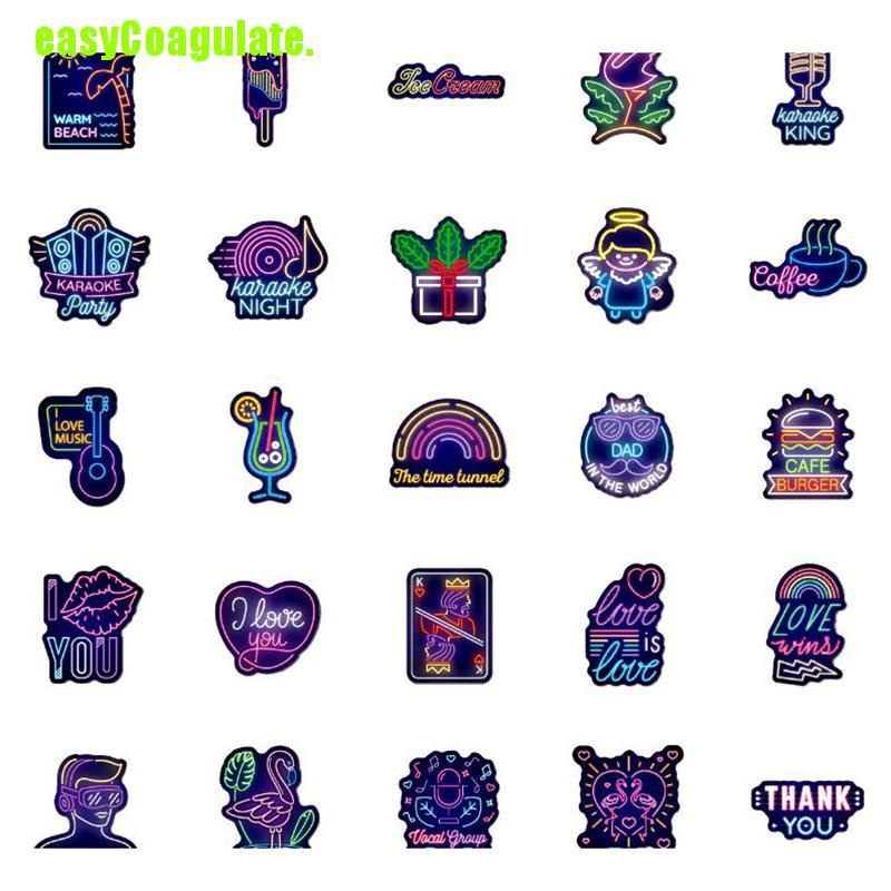 Bộ 50 miếng dán neon chống thấm nước trang trí vali/ ván trượt/ máy tính xách tay