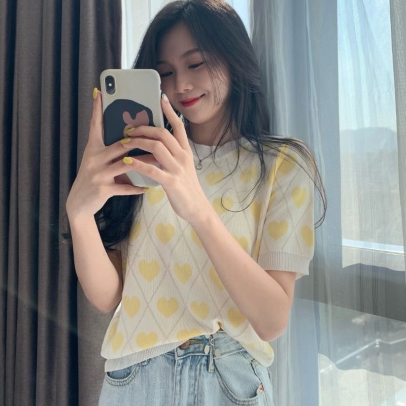 Áo Dệt Kim Tay Ngắn Họa Tiết Màu Sắc Tương Phản Xinh Xắn 185245 Áo Kiểu Hàn Quốc Dáng Ôm Thiết Kế Ngọt Ngào Dễ Phối Đồ