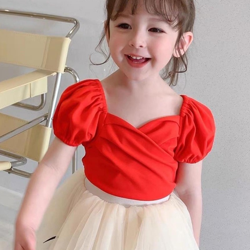 Áo Thun Tay Ngắn Phồng Thời Trang Mùa Hè Cho Bé Gái