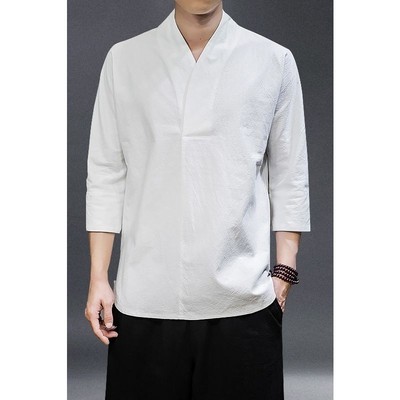 [Sẵn Sàng] Áo Sơ Mi Nam Chắc Chắn Vải Lanh Thời Trang Nam Phong Cách Trung Hoa Áo Sơ Mi Trắng Cổ Điển Hanfu Kemeja Lelaki ZJ34676