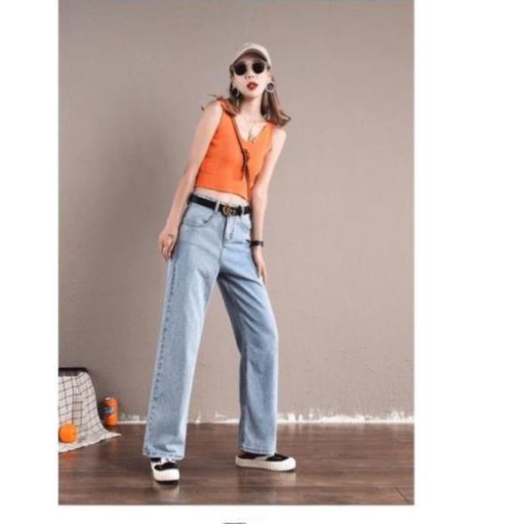 Quần jean bò nữ ống xuông rộng lưng cao cạp cao đẹp màu xanh nhạt sky hot 2022 HoHaJean22