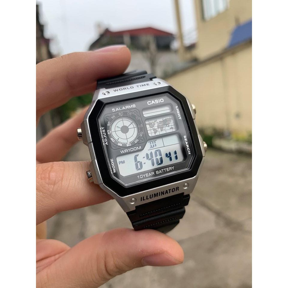 Đồng hồ nam Casio AE 1200-WHD classic chống nước , dây cao su trẻ trung năng động đa múi giờ chống nước , chống xước