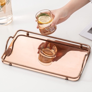 Khay Thép Hồng Gold trang trí đa năng , Khay đựng bình cốc kim loại có quai xách tiện lợi