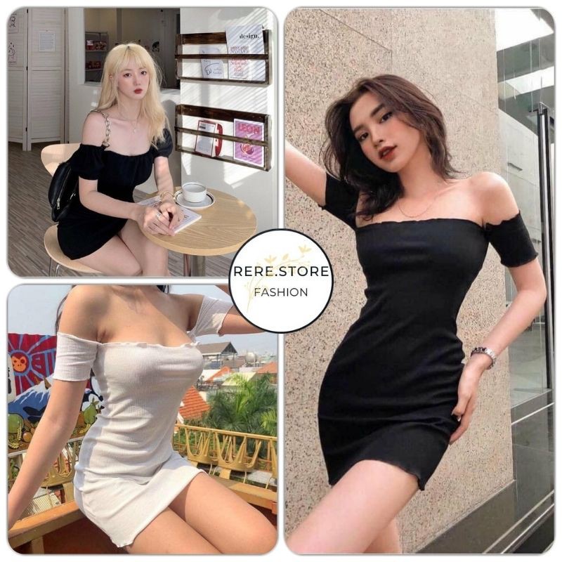 Đầm Nữ Thun Trơn Body Cộc Tay Viền Bèo - Rere.Store [FREESHIP] - Váy ôm body tay lỡ dáng ngắn thiết kế hở vai cá tính