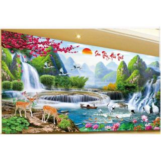 Tranh thêu phong cảnh sơn thủy hữu tình 2 khổ 1m5 và 2m