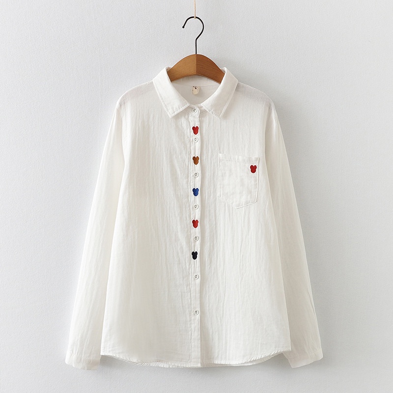 Áo Sơ Mi cotton Hai Lớp Tay Dài Thêu Hình Chuột mickey Phong Cách Nhật Bản 2022