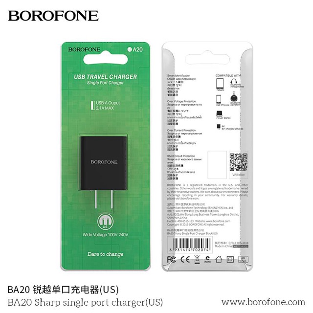 Cốc Sạc Borofone BA20/BA20A - 1 Cổng USB 2.1 US Chính Hãng