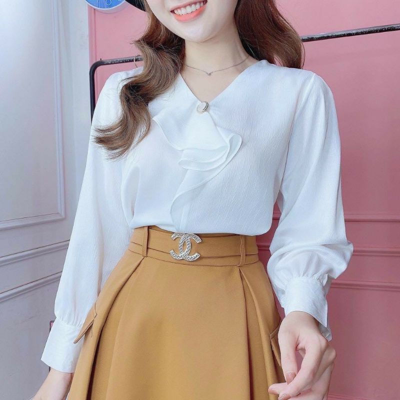 Sản phẩm áo sơ mi lụa cổ V bèo A500.319