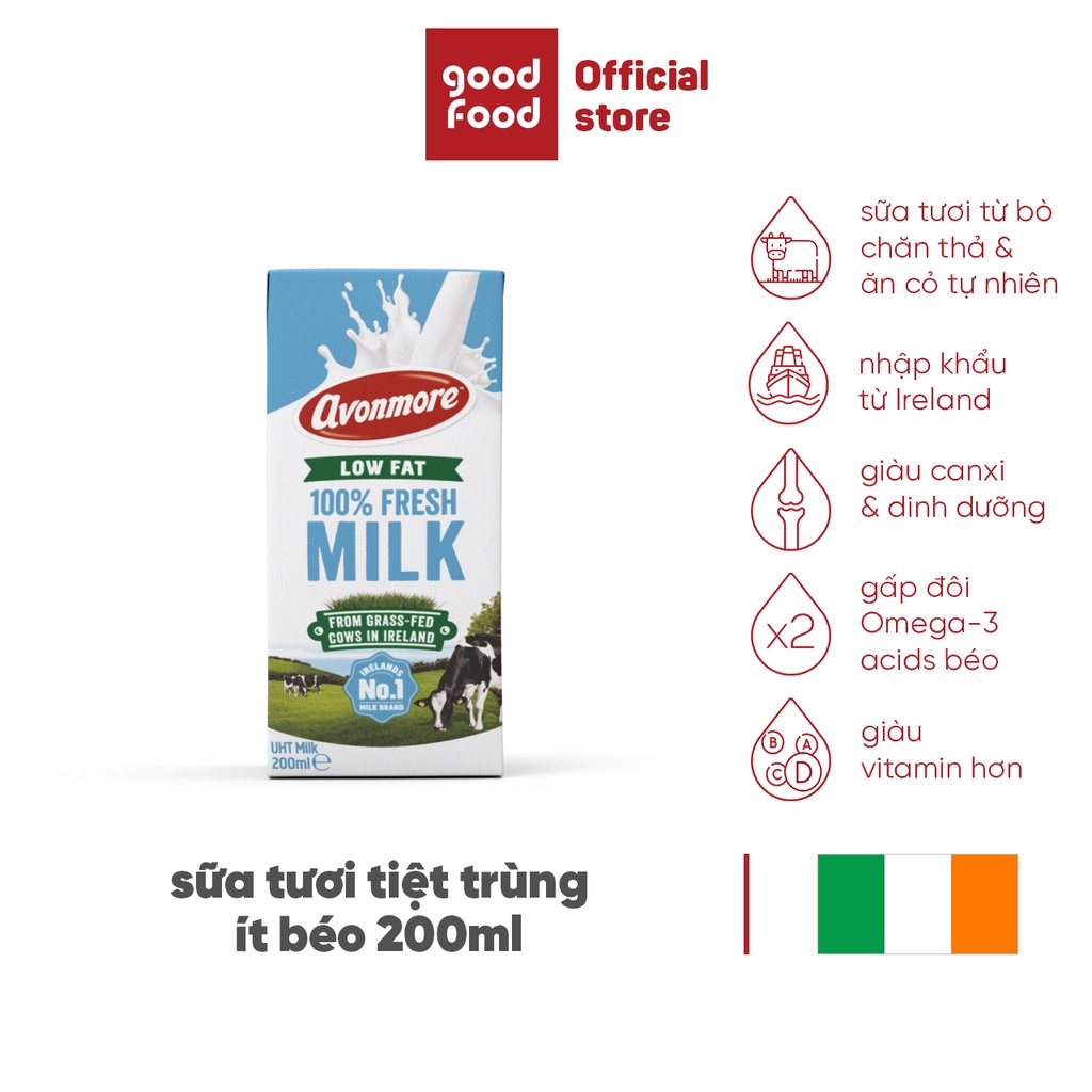 Sữa tươi ít béo tiệt trùng (không đường) Avonmore UHT Low Fat Milk 200ml giàu chất dinh dưỡng tốt cho sức khỏe