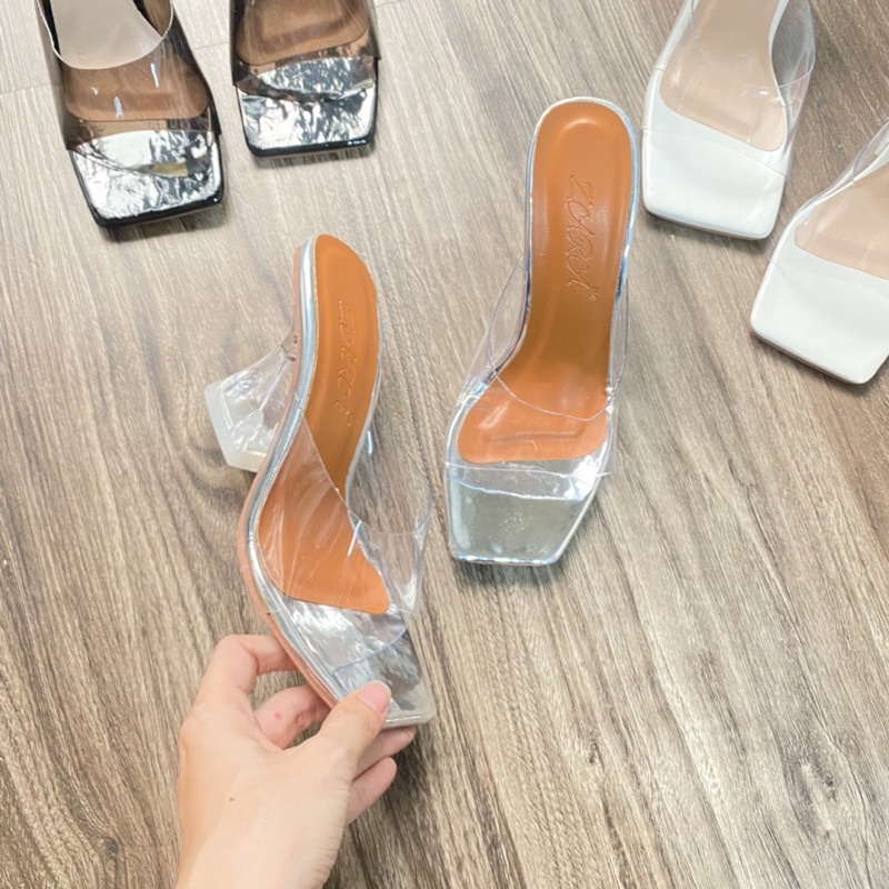 Giày guốc cao gót nữ đế loe quai trong mica màu đi tiệc sang chảnh DOLOE