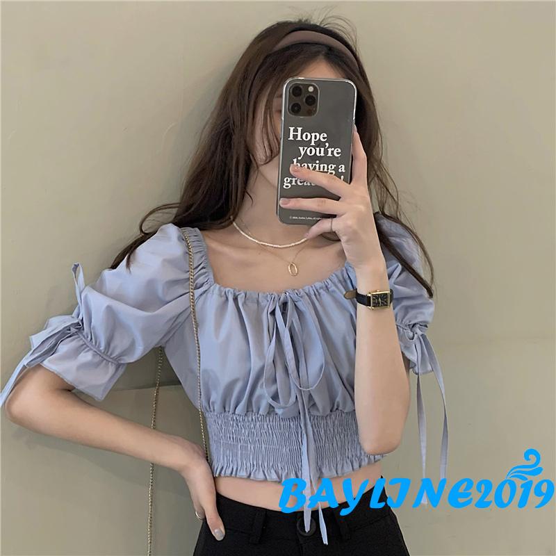 Áo Croptop Tay Phồng Ngắn Màu Trơn Có Dây Rút Thời Trang Cho Nữ