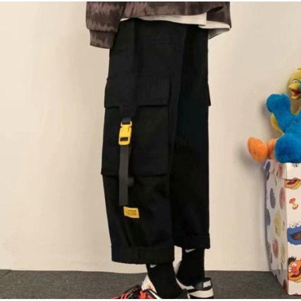 【S-5XL】Men Casual Cargo Pants Solid Pockets Ankle-length Elastic Waist Fashion Streetwear All-match Korean Style Simple Chic Ins Loose Harajuku Hong Kong Style Men Clothes Hipster High Waist Trousers Big Pocket Straight Wide Leg Capris