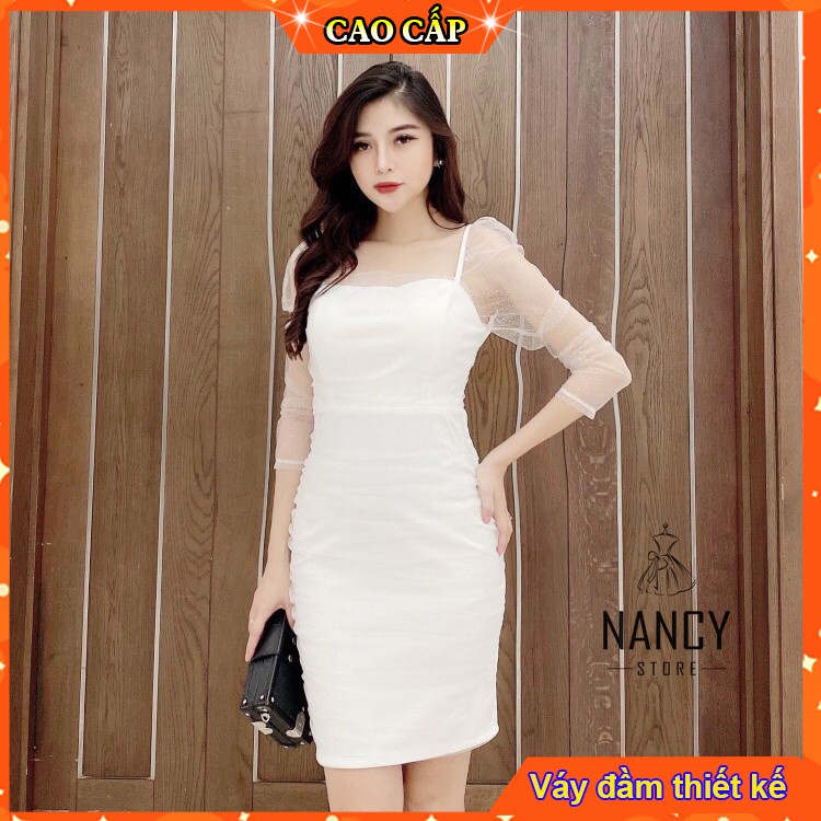 Đầm dự tiệc cao cấp thiết kế cổ vuông tay dây lửng dự tiệc sang trọng màu trắng gợi lên vẻ đẹp thanh lịch tao nhã