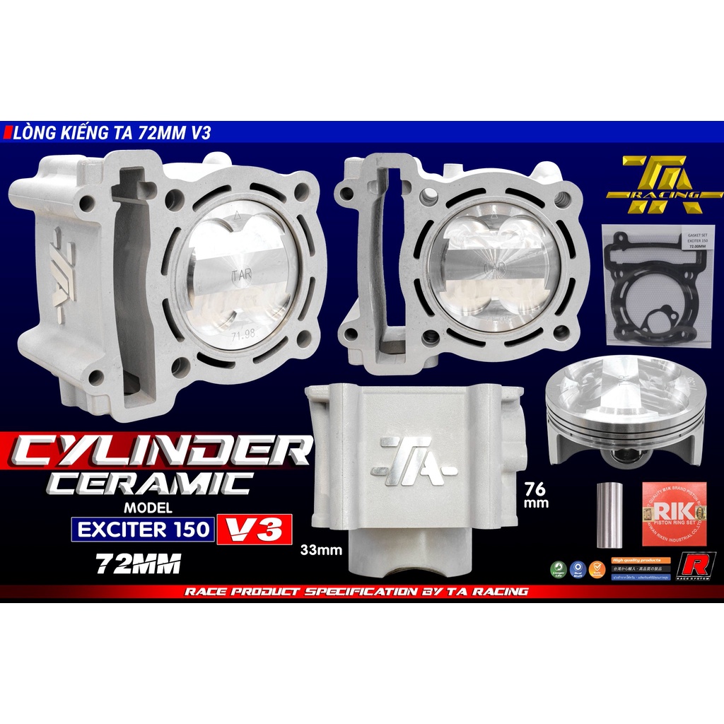 LÒNG KIẾNG + PISTON BẠC  TA RACING XE  EXCITER 135/150 65 - 68 - 72 MM / CHÂN 33 / thân 76
